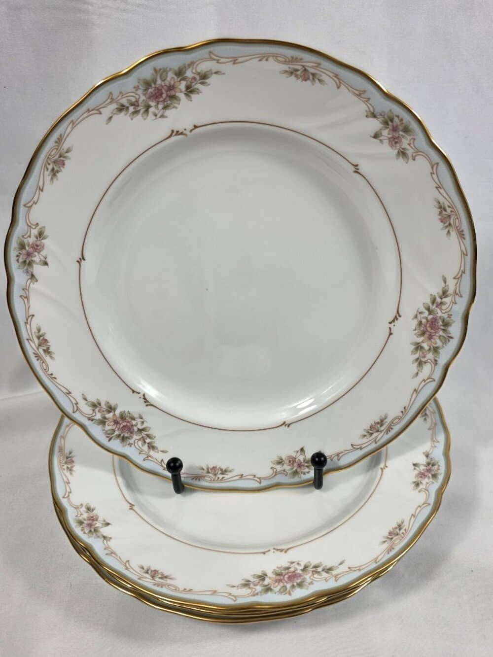 FOUR Noritake Floral Embrace Salad Plates Pink & Gray Floral Border Gold Trim